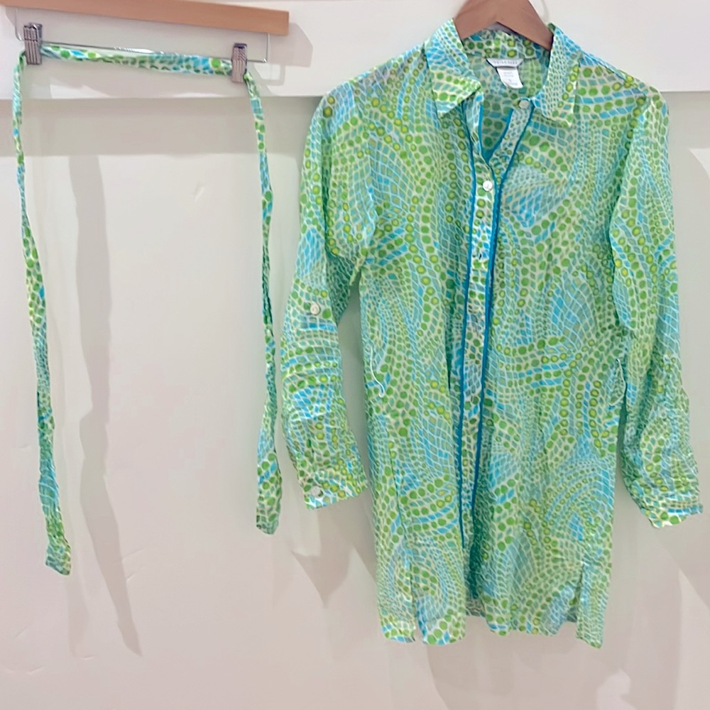 Size small Trina Turk Green and Blue blouse with matching belt